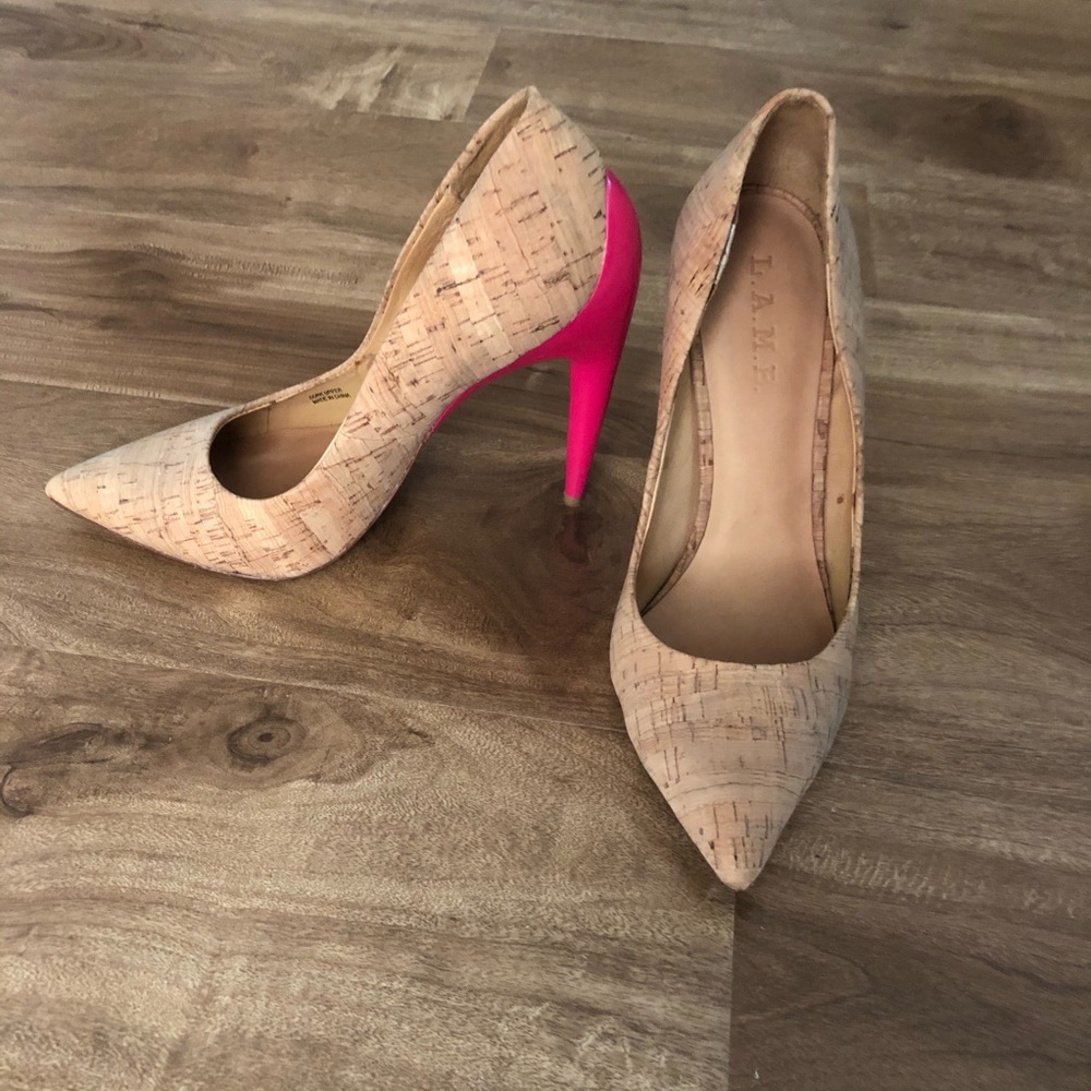 L.A.M.B. Cork Hot Pink Heels